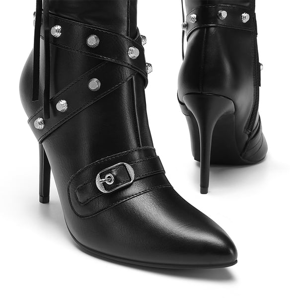 Studded Cross-over Strap Stiletto Heel Boots - BLACK - 4