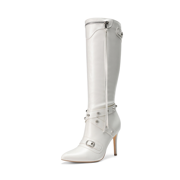 Studded Cross-over Strap Stiletto Heel Boots - WHITE -  0