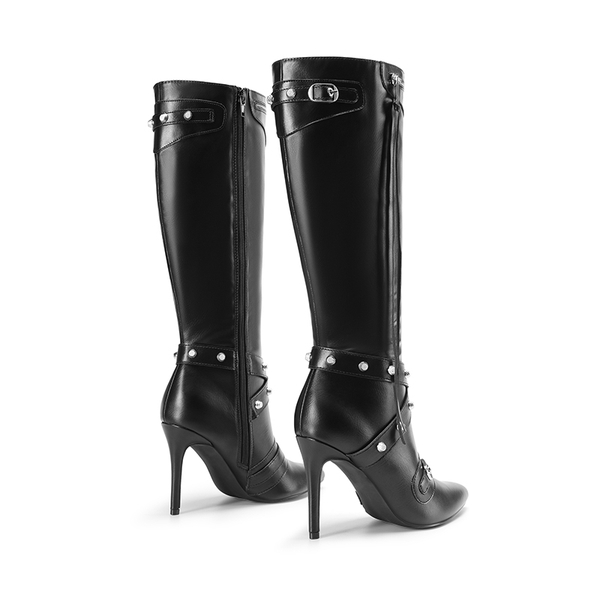Studded Cross-over Strap Stiletto Heel Boots - BLACK - 6