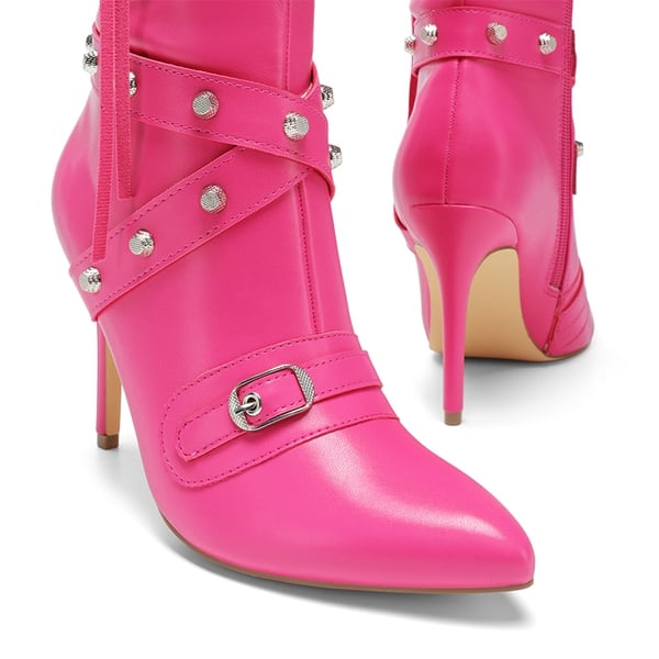 Studded Cross-over Strap Stiletto Heel Boots - HOT PINK - 4