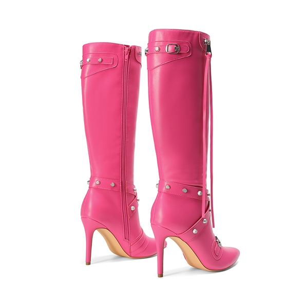 Studded Cross-over Strap Stiletto Heel Boots - HOT PINK - 6