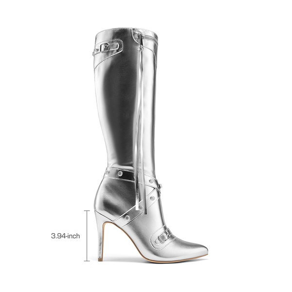 Studded Cross-over Strap Stiletto Heel Boots - SILVER - 3