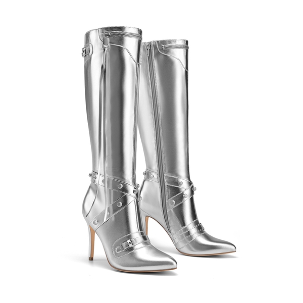 Studded Cross-over Strap Stiletto Heel Boots - SILVER - 5