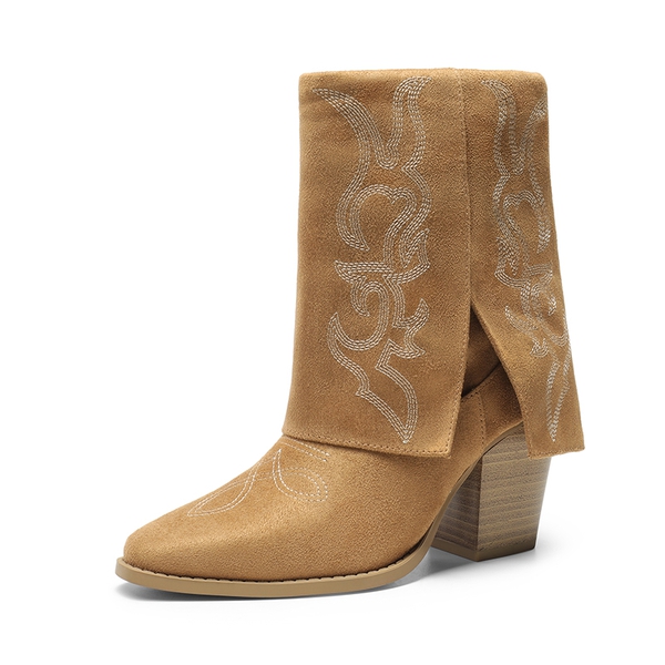 Fold Over Cuff Denim Cowgirl Boots - KHAKI-SUEDE -  0