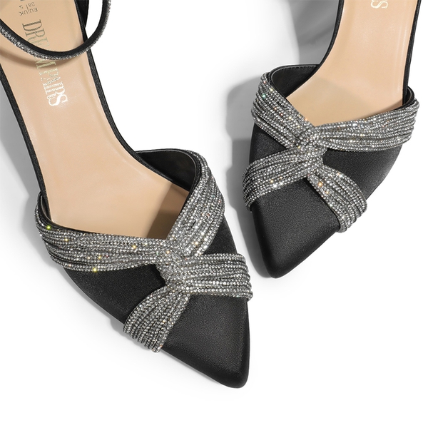 Crisscross Rhinestone Straps Pumps - BLACK-SATIN - 6