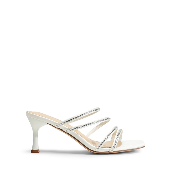Square Toe Strappy Heel Sandals - WHITE-RHINESTONE - 4