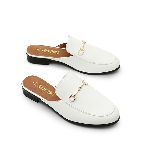 Buckle Design Slip on Mules - WHITE-PU - 5