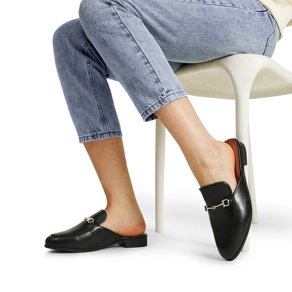 Buckle Design Slip on Mules - BLACK-PU - 1