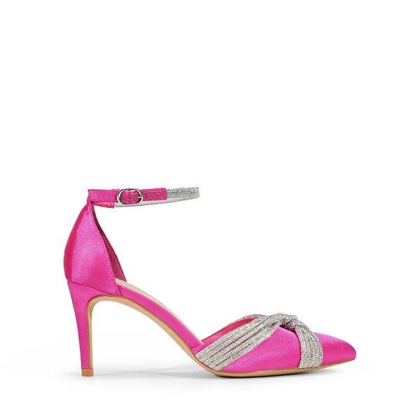 Crisscross Rhinestone Straps Pumps - HOT PINK-SATIN - 3