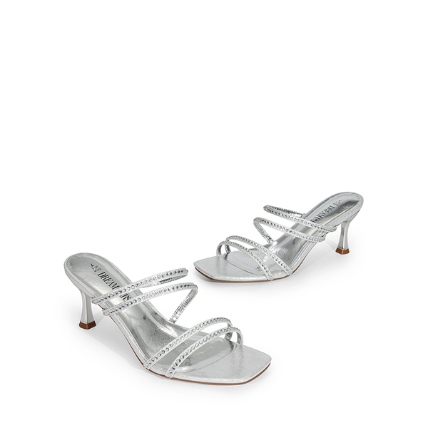 Square Toe Strappy Heel Sandals - SILVER-RHINESTONE - 7