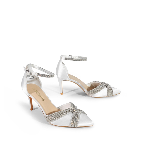 Crisscross Rhinestone Straps Pumps - WHITE-SATIN - 4