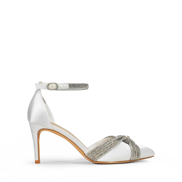 Crisscross Rhinestone Straps Pumps - WHITE-SATIN - 3