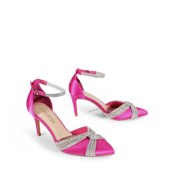 Crisscross Rhinestone Straps Pumps - HOT PINK-SATIN - 4