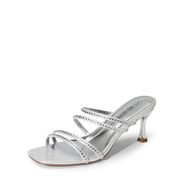 Square Toe Strappy Heel Sandals - SILVER-RHINESTONE -  0