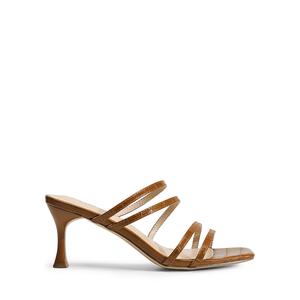 Square Toe Strappy Heel Sandals - BROWN - 4