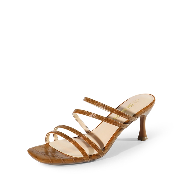 Square Toe Strappy Heel Sandals - BROWN -  0