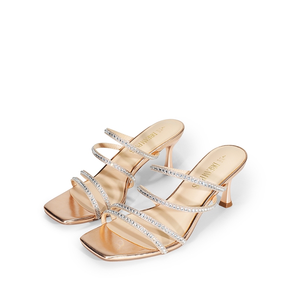 Square Toe Strappy Heel Sandals - CHAMPAGNE-RHINESTONE - 6