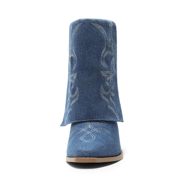 Fold Over Cuff Denim Cowgirl Boots - DENIM BLUE - 2
