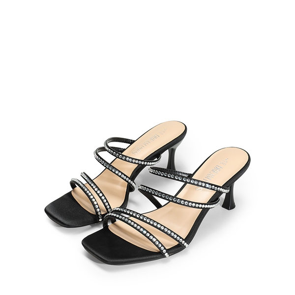 Square Toe Strappy Heel Sandals - BLACK-RHINESTONE - 6
