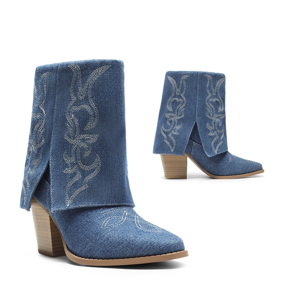 Fold Over Cuff Denim Cowgirl Boots - DENIM BLUE - 6