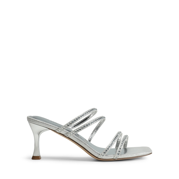 Square Toe Strappy Heel Sandals - SILVER-RHINESTONE - 4