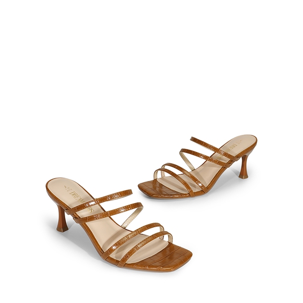 Square Toe Strappy Heel Sandals - BROWN - 7