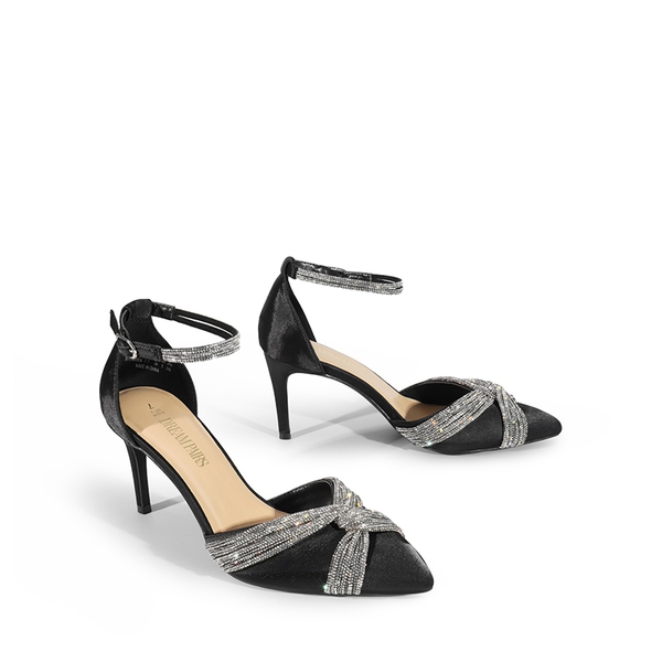 Crisscross Rhinestone Straps Pumps - BLACK-SATIN - 4