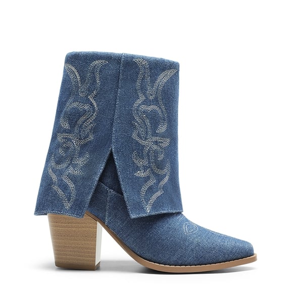 Fold Over Cuff Denim Cowgirl Boots - DENIM BLUE - 1