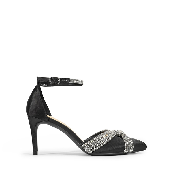 Crisscross Rhinestone Straps Pumps - BLACK-SATIN - 3