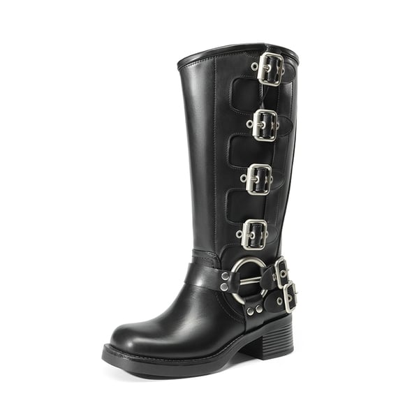 Buckle Straps Square Toe Moto Boots - BLACK -  0