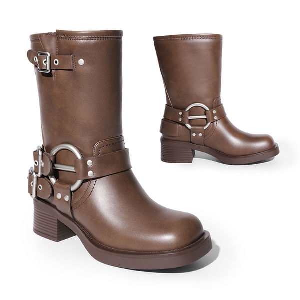 Buckle Straps Moto Boots - BROWN - 4