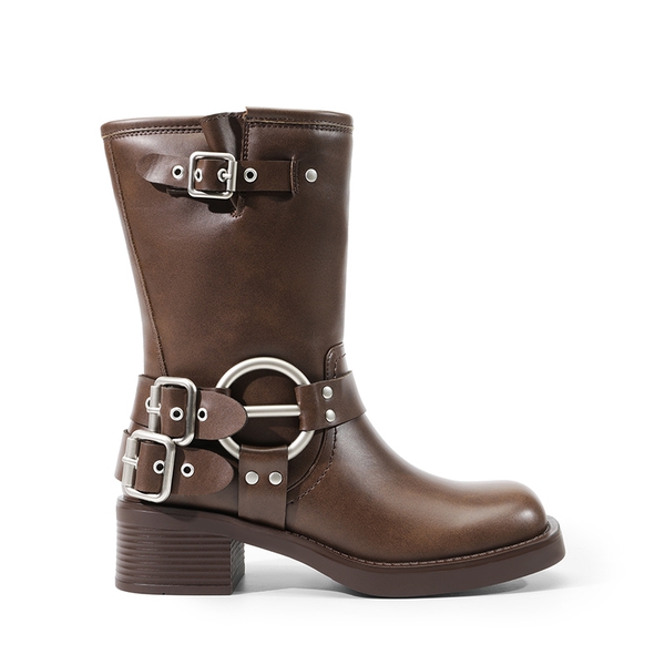 Buckle Straps Moto Boots - BROWN - 1