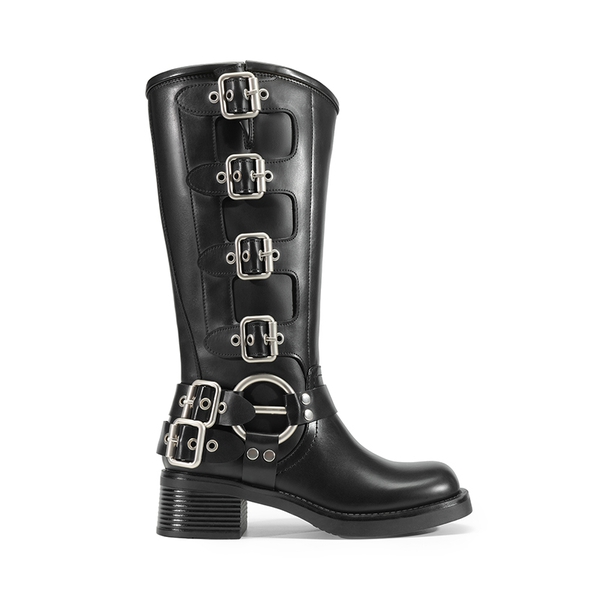 Buckle Straps Square Toe Moto Boots - BLACK - 1