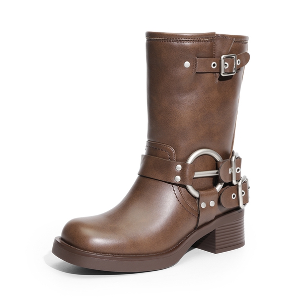 Buckle Straps Moto Boots - BROWN -  0