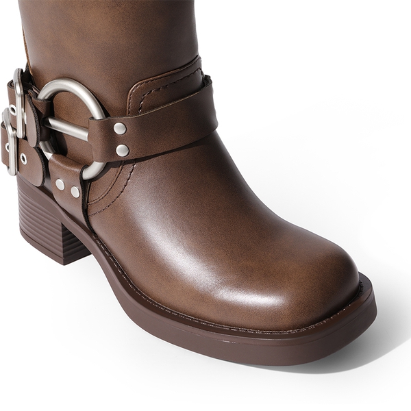 Buckle Straps Moto Boots - BROWN - 5