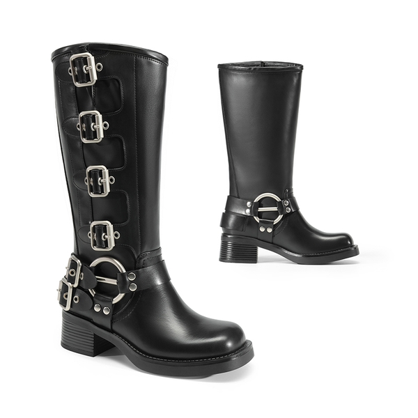 Buckle Straps Square Toe Moto Boots - BLACK - 4