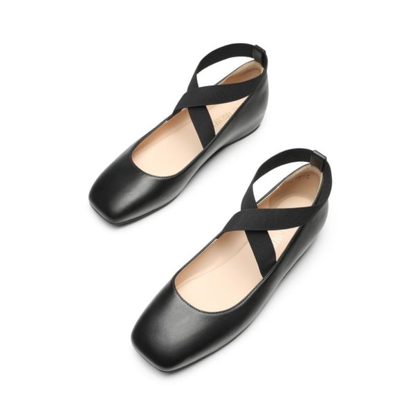 Criss Cross Elastic Ankle Strap Flats - BLACK-PU - 5