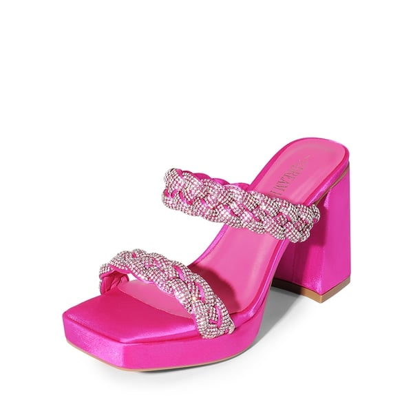 Rhinestone Braided Strap Heel Sandals - HOT PINK-RHINESTONE -  0