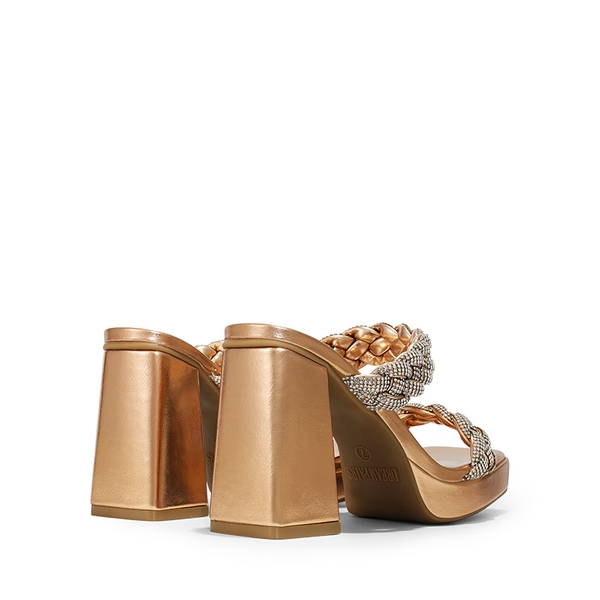 Rhinestone Braided Strap Heel Sandals - ROSE GOLD-RHINESTONE - 6