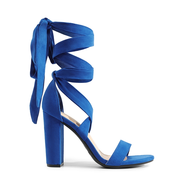 Lace Up Chunky Block Heel Sandals - ROYAL BLUE-SUEDE - 6