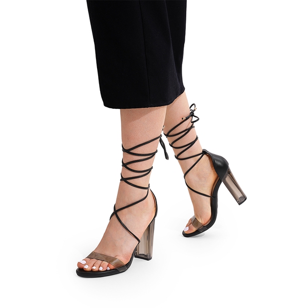 Lace Up Transparent Heel Sandals - BLACK-PU - 4