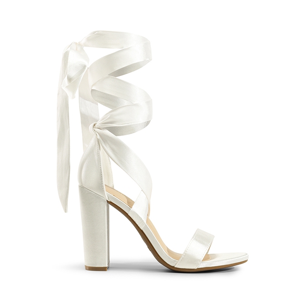 Lace Up Chunky Block Heel Sandals - WHITE-SATIN - 6