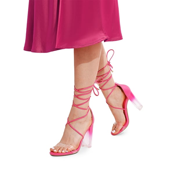 Lace Up Transparent Heel Sandals - HOT PINK-PU - 4
