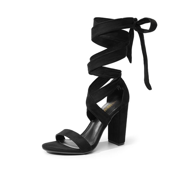 Lace Up Chunky Block Heel Sandals - BLACK-SUEDE -  0