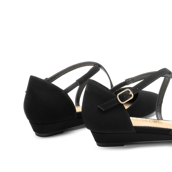 V-shaped Cutout Low Wedge Flats - BLACK-NUBUCK - 4