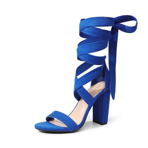 Lace Up Chunky Block Heel Sandals - ROYAL BLUE-SUEDE -  0