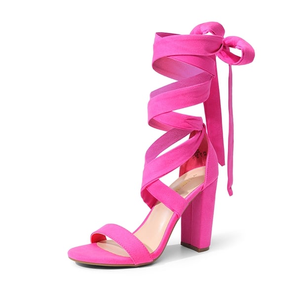 Lace Up Chunky Block Heel Sandals - HOT PINK-SUEDE -  0