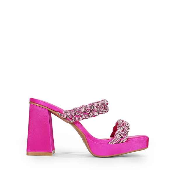 Rhinestone Braided Strap Heel Sandals - HOT PINK-RHINESTONE - 3