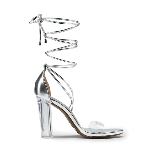 Lace Up Transparent Heel Sandals - SILVER-PU - 1