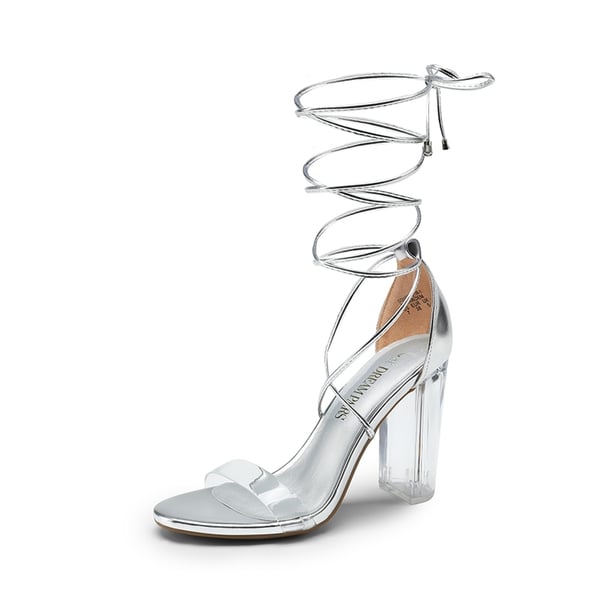 Lace Up Transparent Heel Sandals - SILVER-PU -  0